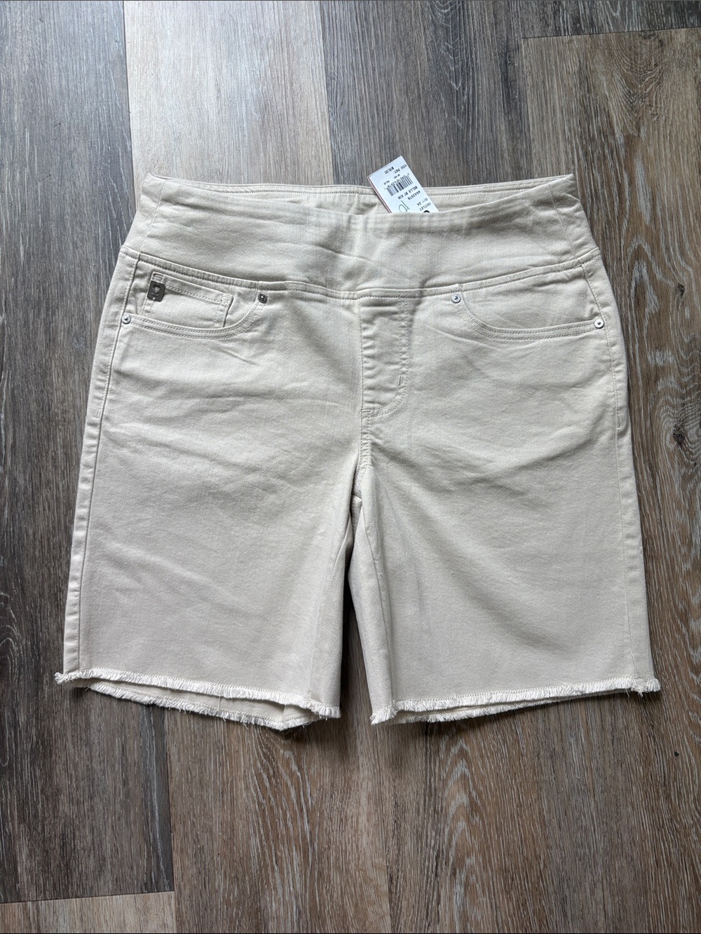 Belle Kim Gravel - QVC Beige Frayed Hem Denim Shorts